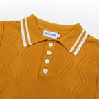 Yellow textured knit polo shirt with striped collar and short sleeves