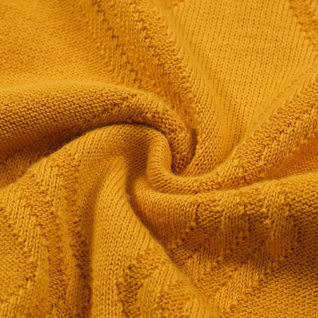 Yellow textured knit polo shirt with striped collar and short sleeves