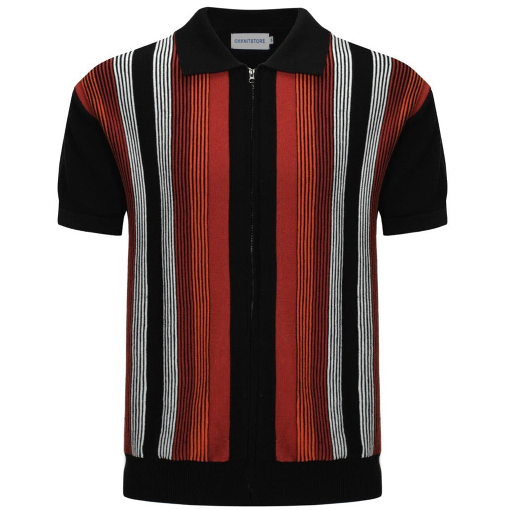 Men's black knit polo with red, orange and white vertical stripes