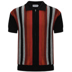 Men's black knit polo with red, orange and white vertical stripes
