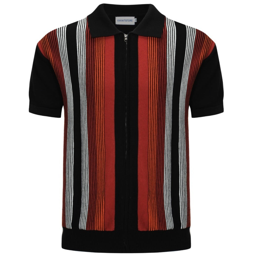 Men's black knit polo with red, orange and white vertical stripes