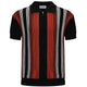 Men's black knit polo with red, orange and white vertical stripes