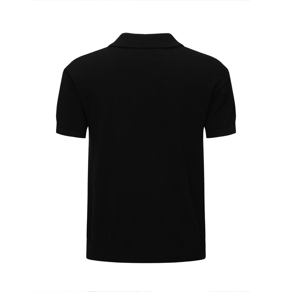 Men's black knit polo with red, orange and white vertical stripes
