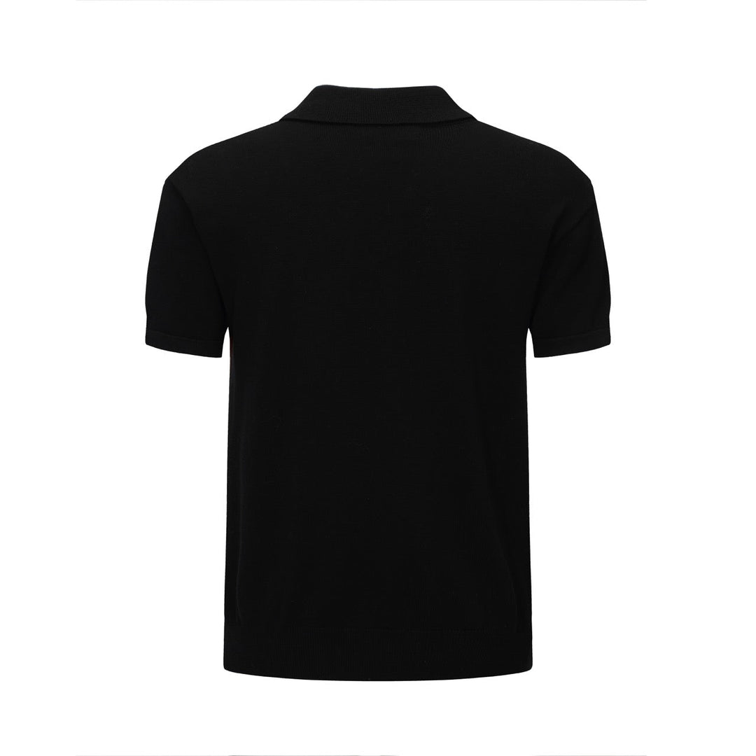 Men's black knit polo with red, orange and white vertical stripes