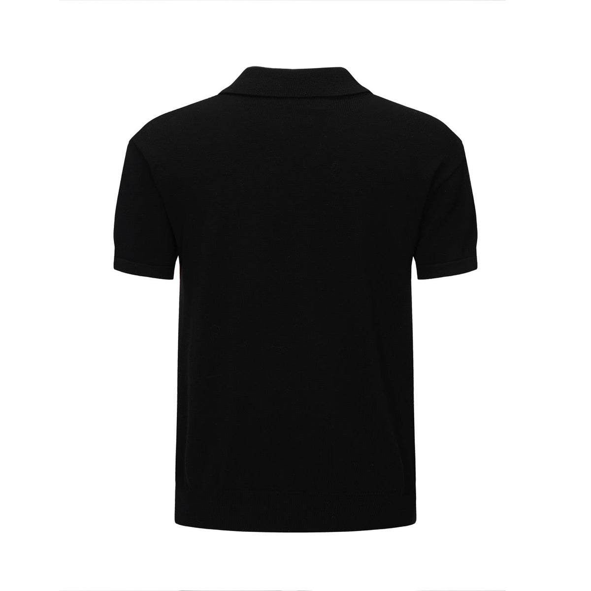 Men's black knit polo with red, orange and white vertical stripes