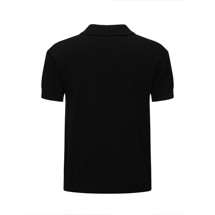 Men's black knit polo with red, orange and white vertical stripes