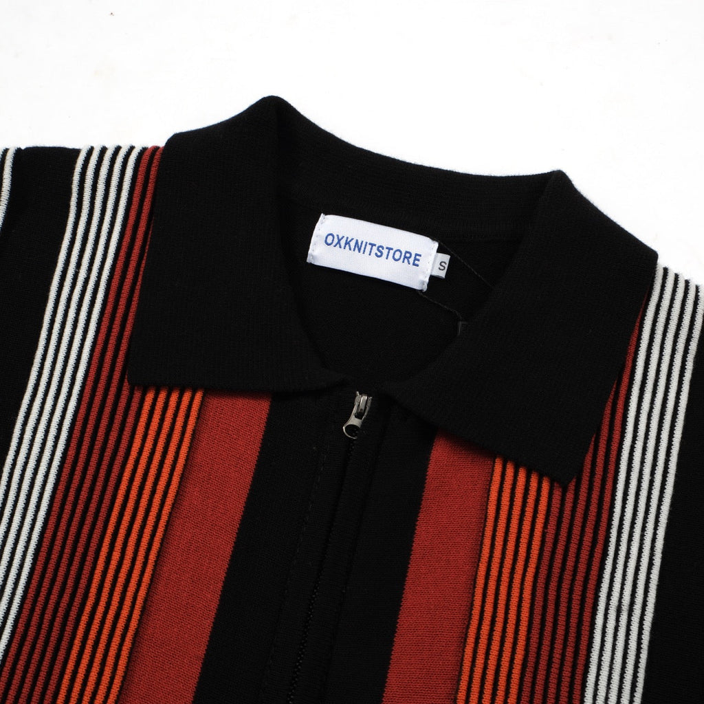 Men's black knit polo with red, orange and white vertical stripes
