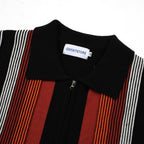 Men's black knit polo with red, orange and white vertical stripes