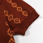 Men's brown geometric knit polo shirt with short sleeves
