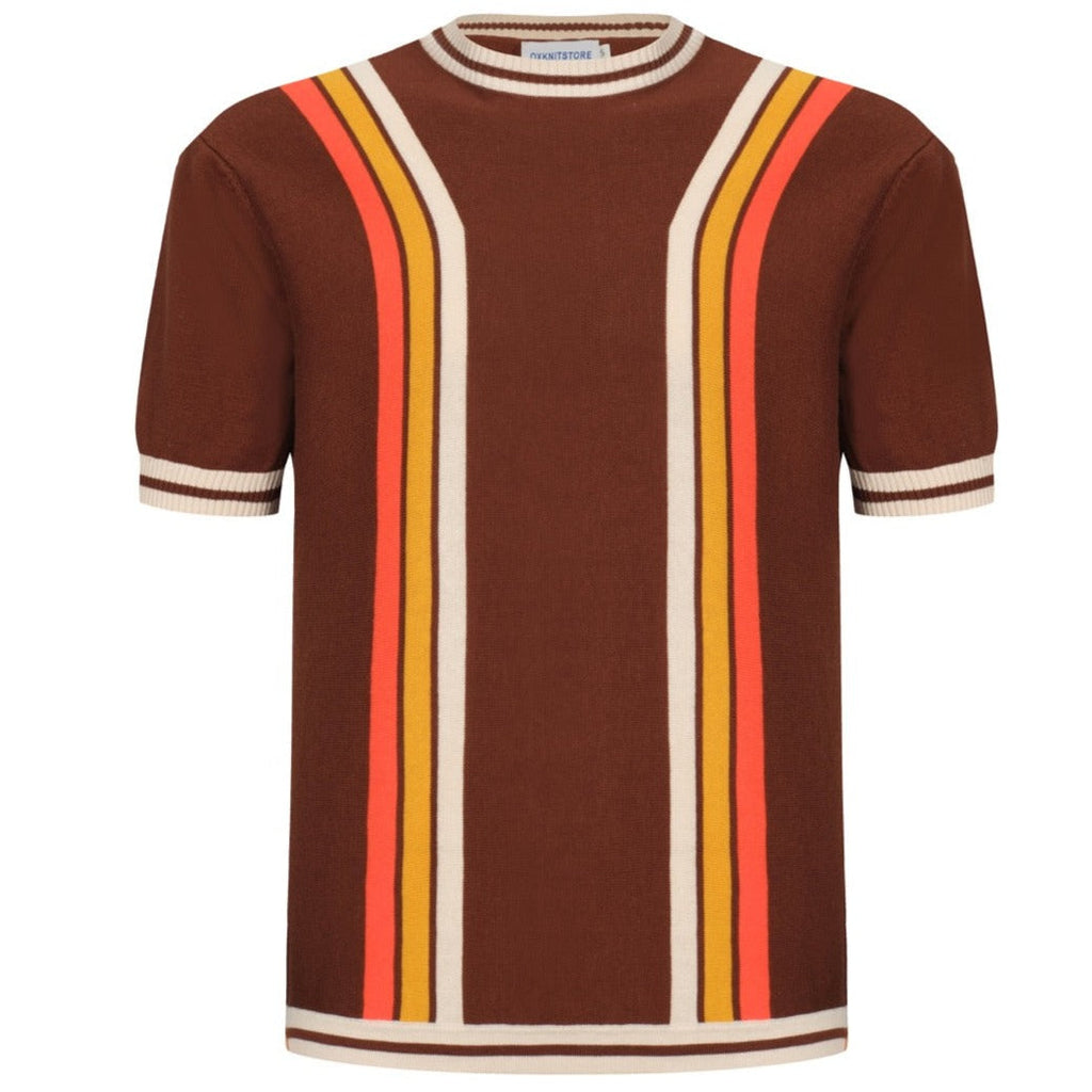 Men's brown knit T-shirt with contrast vertical racing stripes