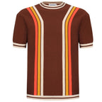 Men's brown knit T-shirt with contrast vertical racing stripes