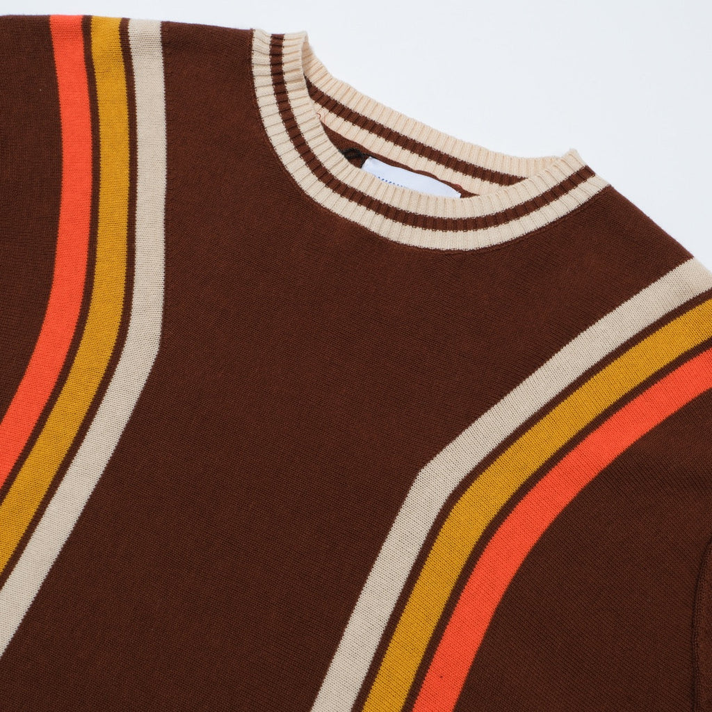 Men's brown knit T-shirt with contrast vertical racing stripes