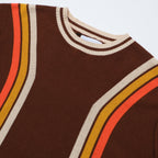 Men's brown knit T-shirt with contrast vertical racing stripes