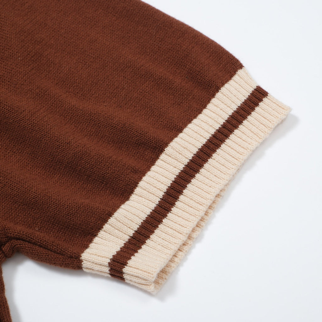 Men's brown knit T-shirt with contrast vertical racing stripes