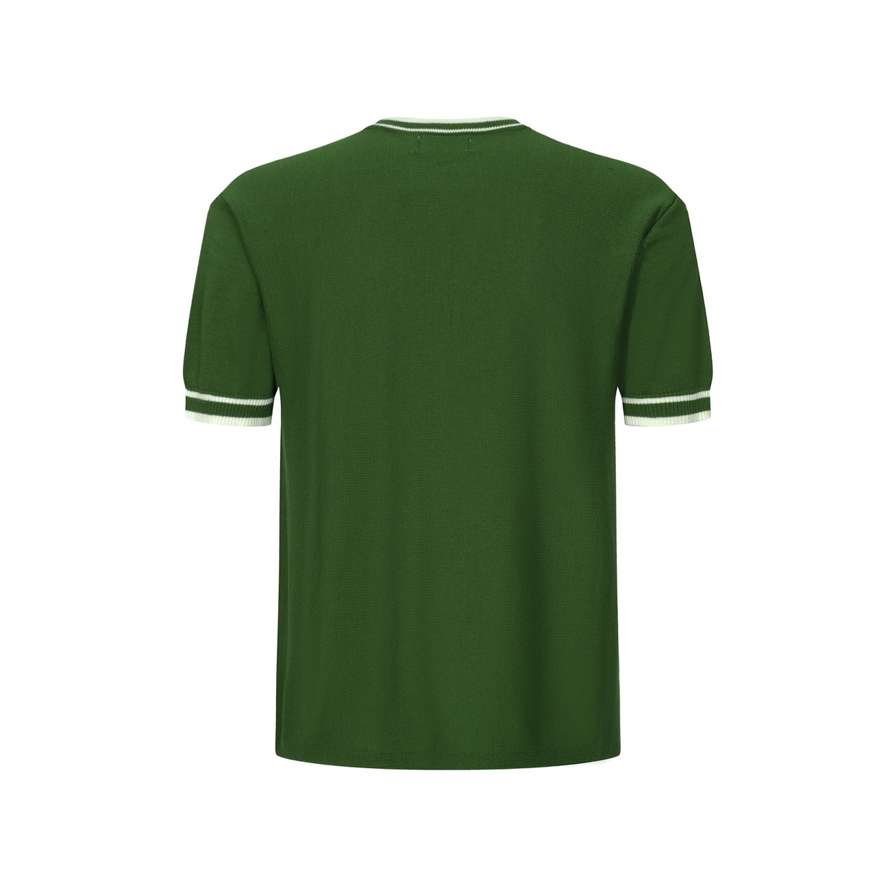Men's green knit T-shirt with white side stripes and ribbed crew neck
