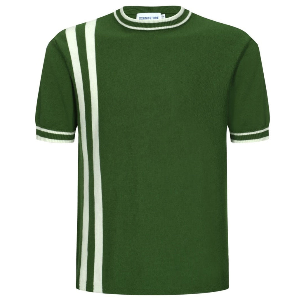 Men's green knit T-shirt with white side stripes and ribbed crew neck