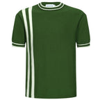 Men's green knit T-shirt with white side stripes and ribbed crew neck