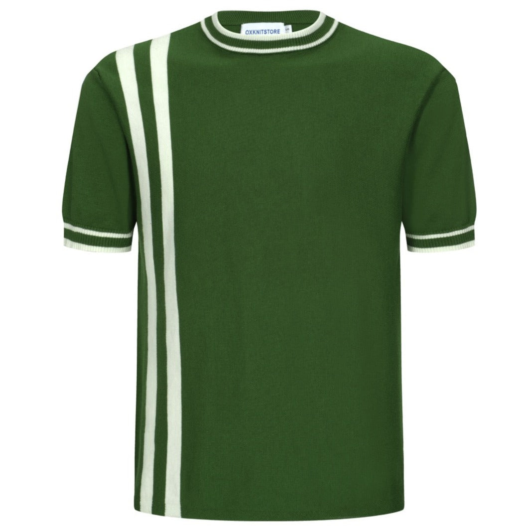 Men's green knit T-shirt with white side stripes and ribbed crew neck