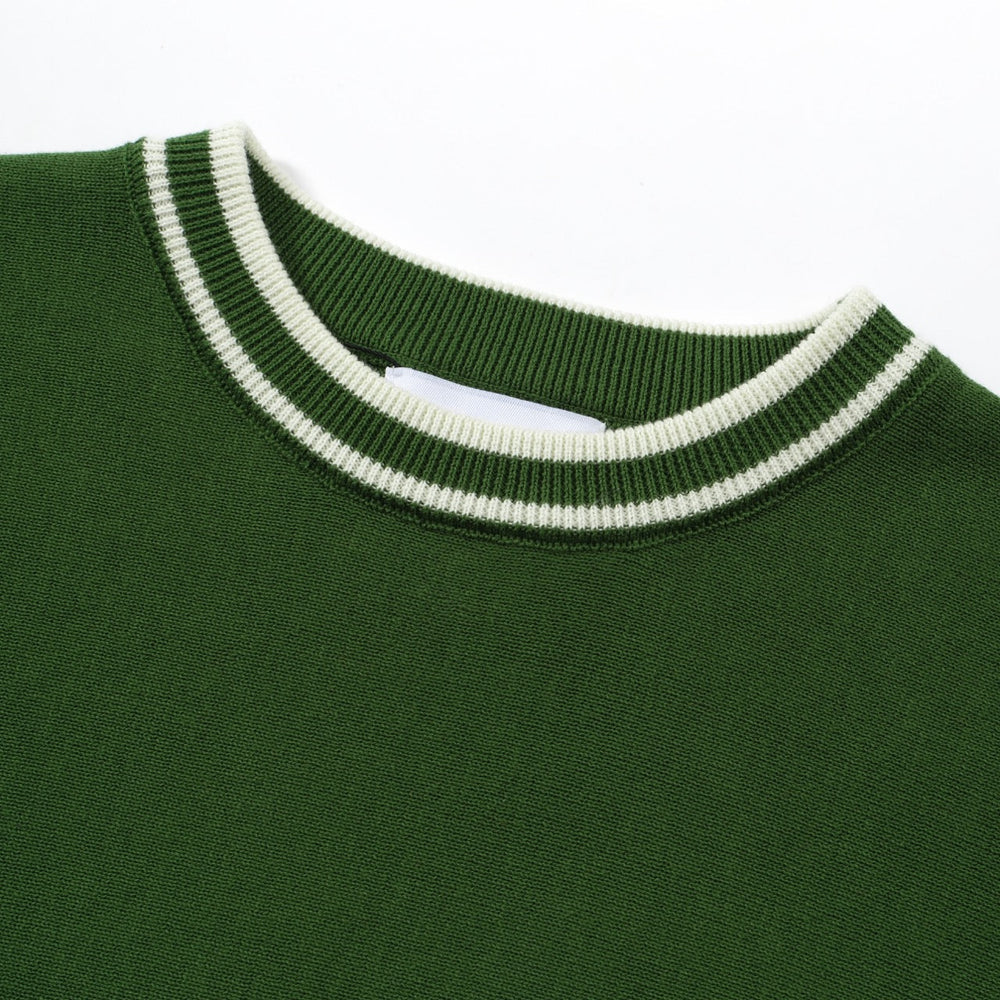 Men's green knit T-shirt with white side stripes and ribbed crew neck