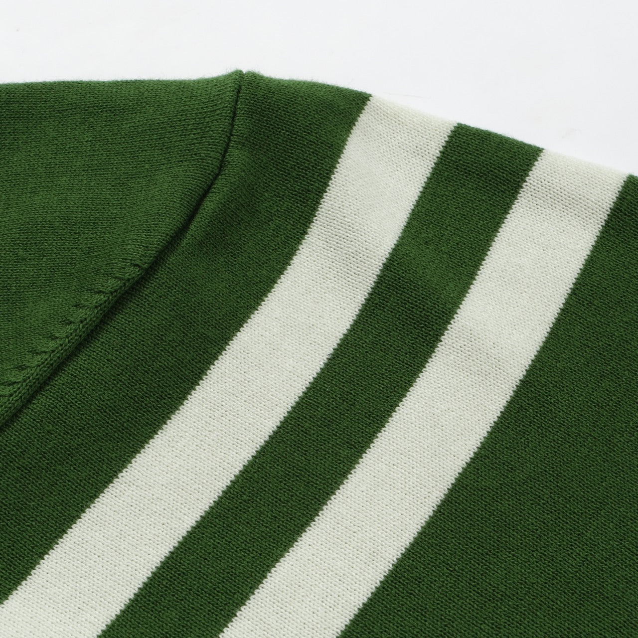 Men's green knit T-shirt with white side stripes and ribbed crew neck