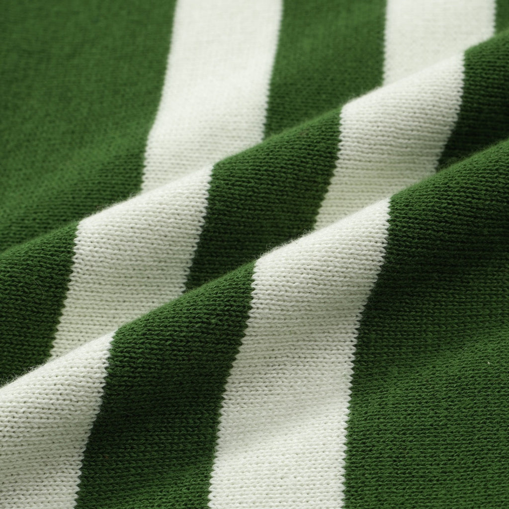Men's green knit T-shirt with white side stripes and ribbed crew neck