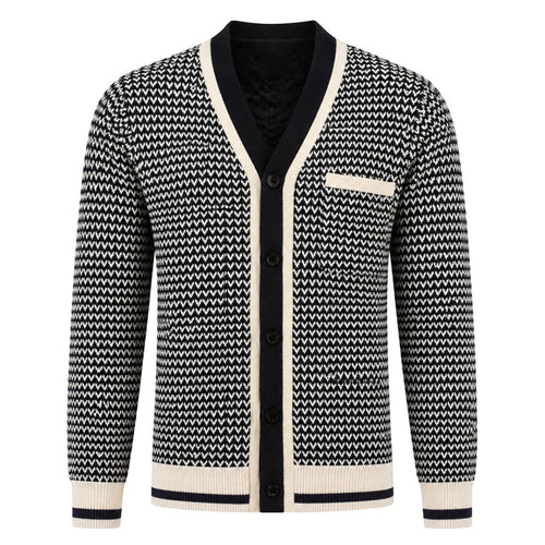 Men's black striped knit cardigan with V-neck and button front