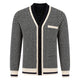 Men's black striped knit cardigan with V-neck and button front