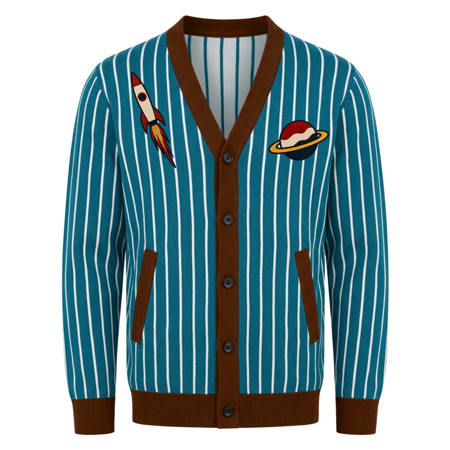 Men's blue striped cardigan with rocket and planet embroidery