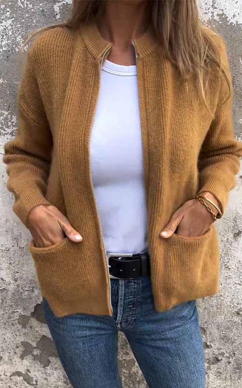 Women's knitted zip jacket with stand collar and front pockets