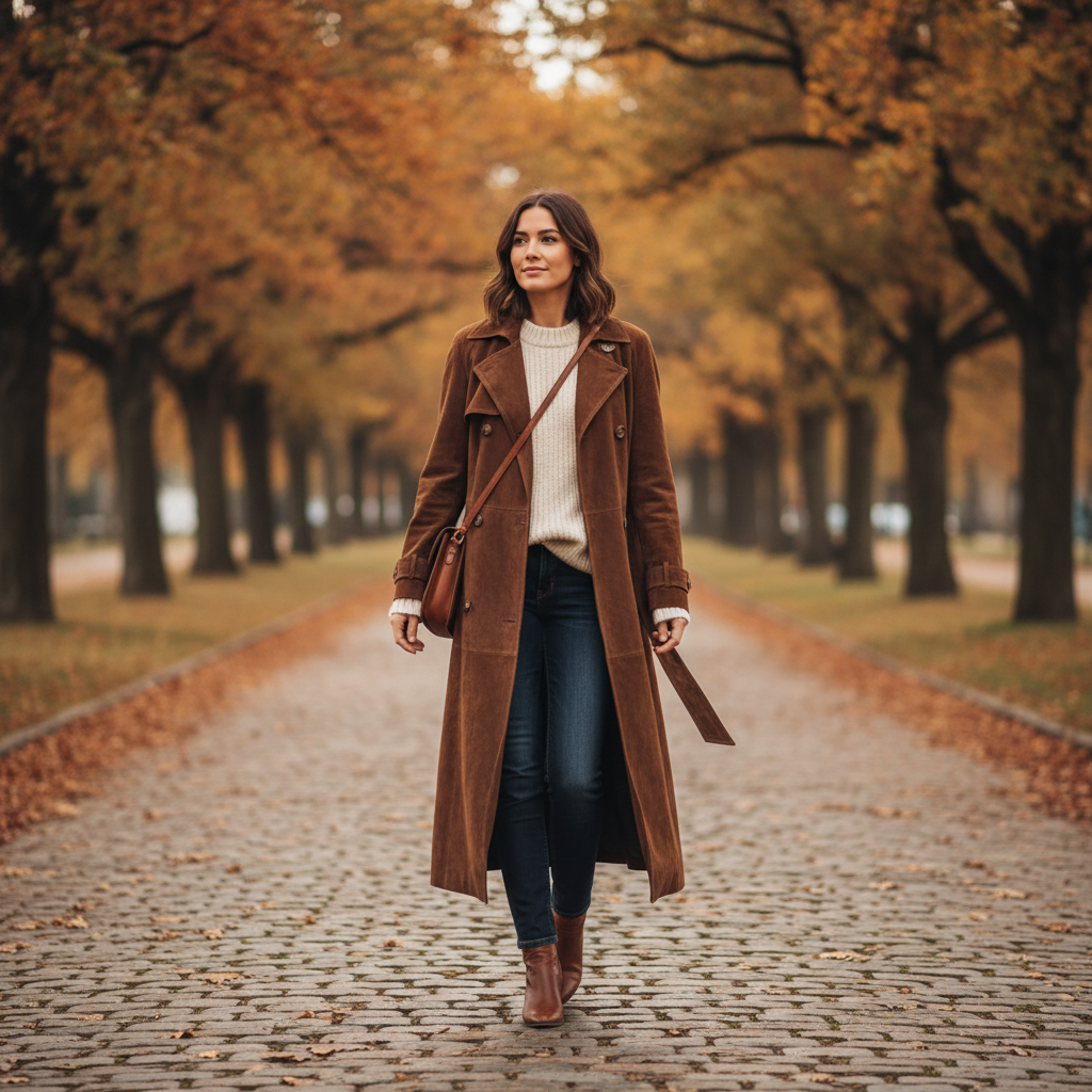 Women's brown belted double-breasted trench coat with long sleeves and notched lapels