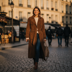 Women's brown belted double-breasted trench coat with long sleeves and notched lapels