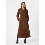 Women's brown belted double-breasted trench coat with long sleeves and notched lapels