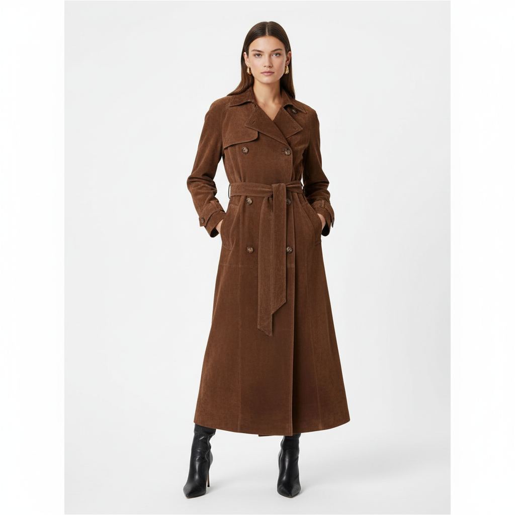 Women's brown belted double-breasted trench coat with long sleeves and notched lapels