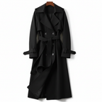 Women's longline double-breasted trench coat with belt and buckle cuff straps