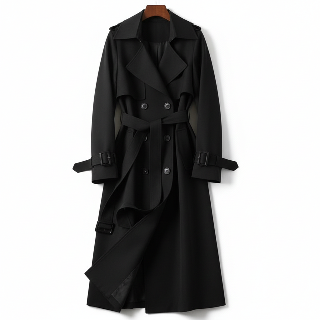 Women's longline double-breasted trench coat with belt and buckle cuff straps