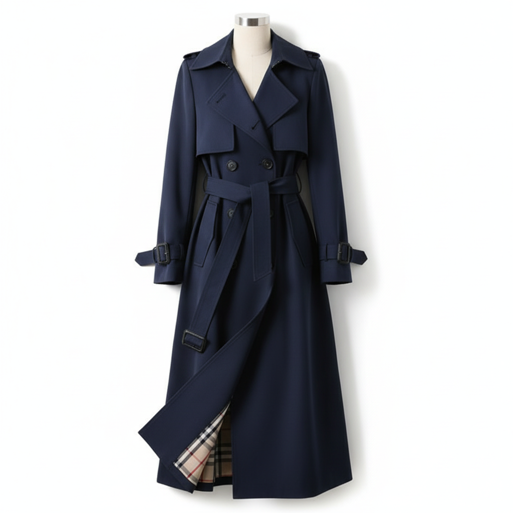 Women's longline double-breasted trench coat with belt and buckle cuff straps