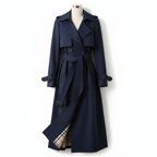 Women's longline double-breasted trench coat with belt and buckle cuff straps