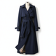 Women's longline double-breasted trench coat with belt and buckle cuff straps
