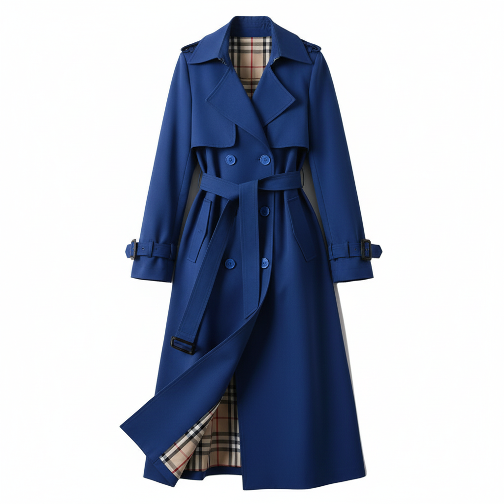 Women's longline double-breasted trench coat with belt and buckle cuff straps