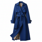 Women's longline double-breasted trench coat with belt and buckle cuff straps