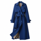 Women's longline double-breasted trench coat with belt and buckle cuff straps