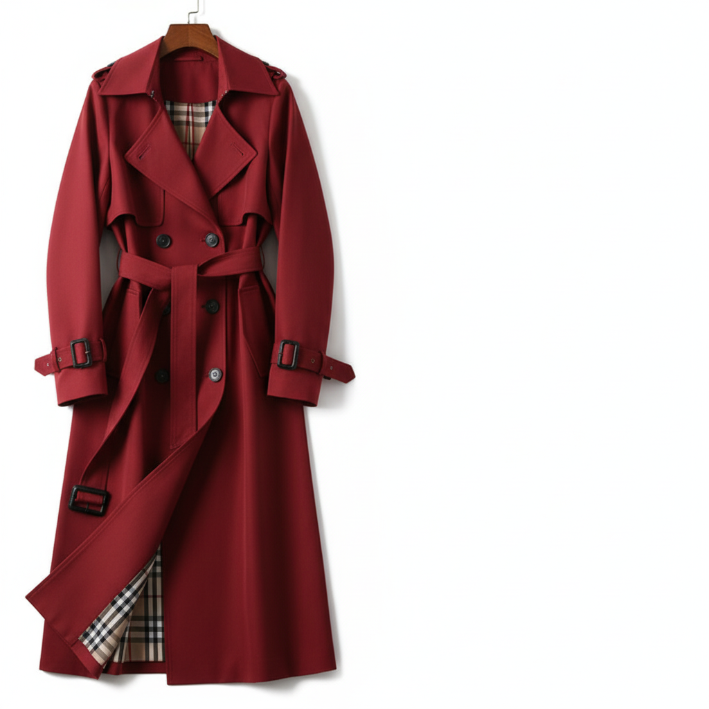 Women's longline double-breasted trench coat with belt and buckle cuff straps