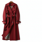 Women's longline double-breasted trench coat with belt and buckle cuff straps