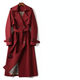 Women's longline double-breasted trench coat with belt and buckle cuff straps