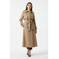 Women's longline double-breasted trench coat with belt and buckle cuff straps