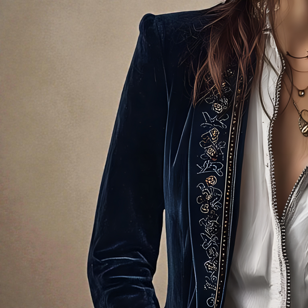 Women's velvet blazer with embroidered trim and long sleeves