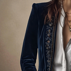 Women's velvet blazer with embroidered trim and long sleeves