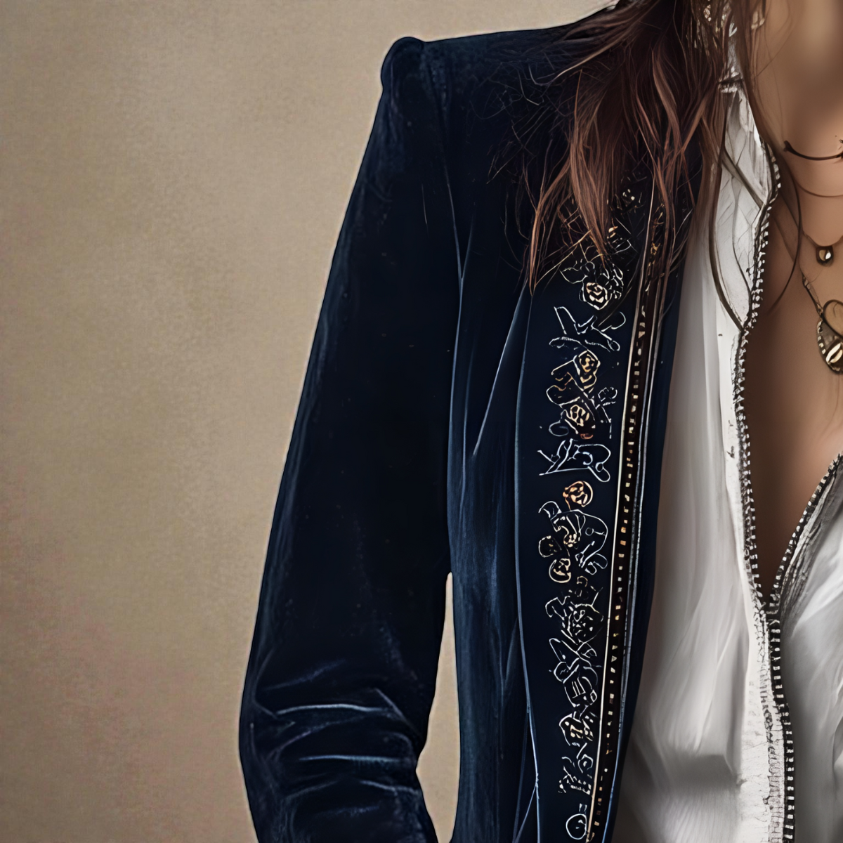 Women's velvet blazer with embroidered trim and long sleeves