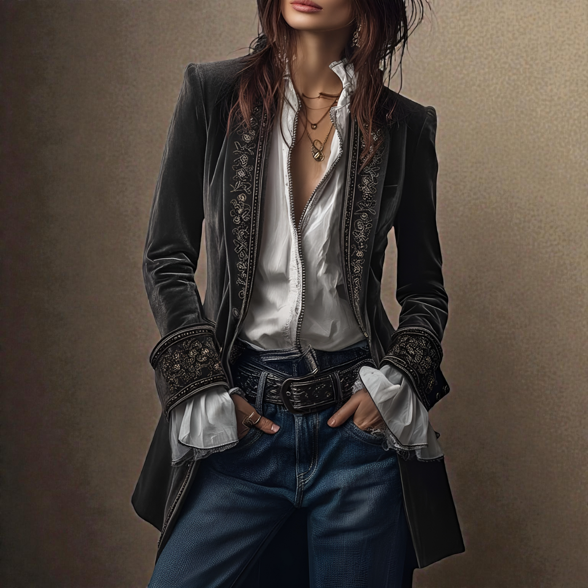 Women's velvet blazer with embroidered trim and long sleeves