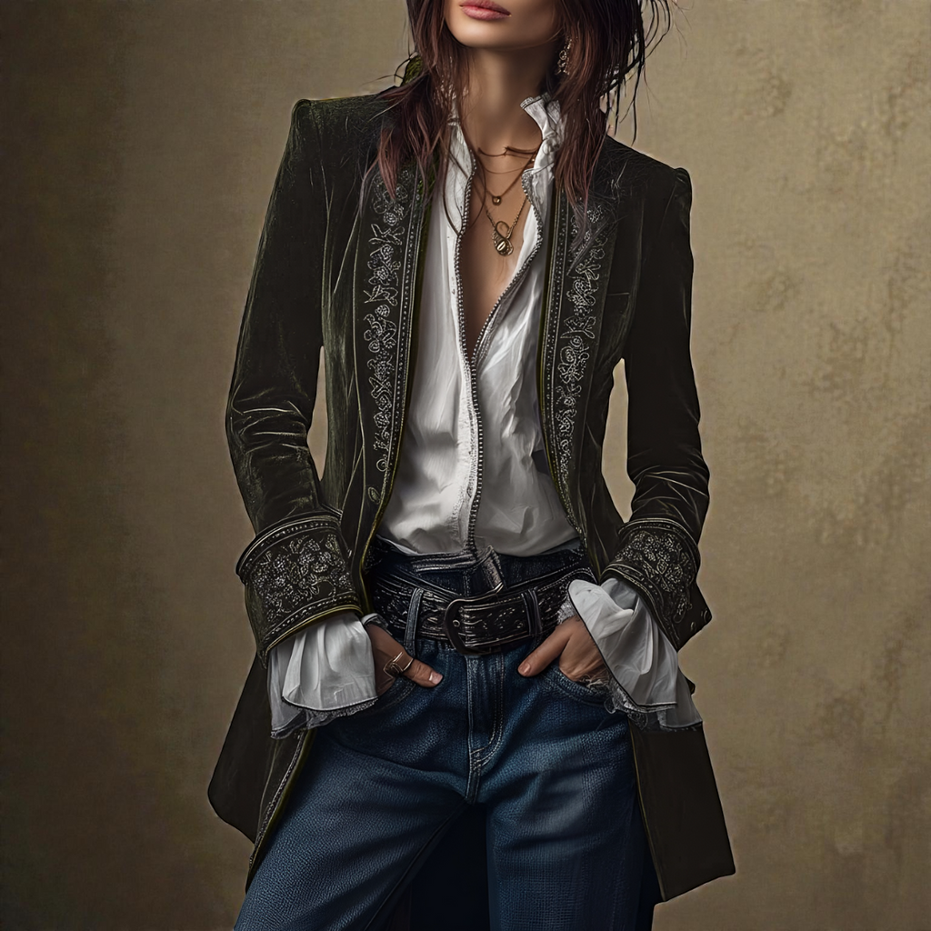 Women's velvet blazer with embroidered trim and long sleeves